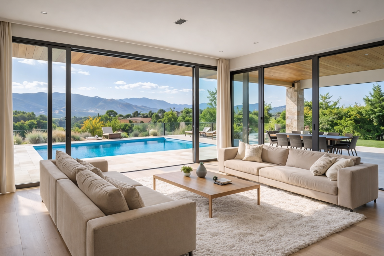Mallorca Blick aus Wohnzimmer auf Pool